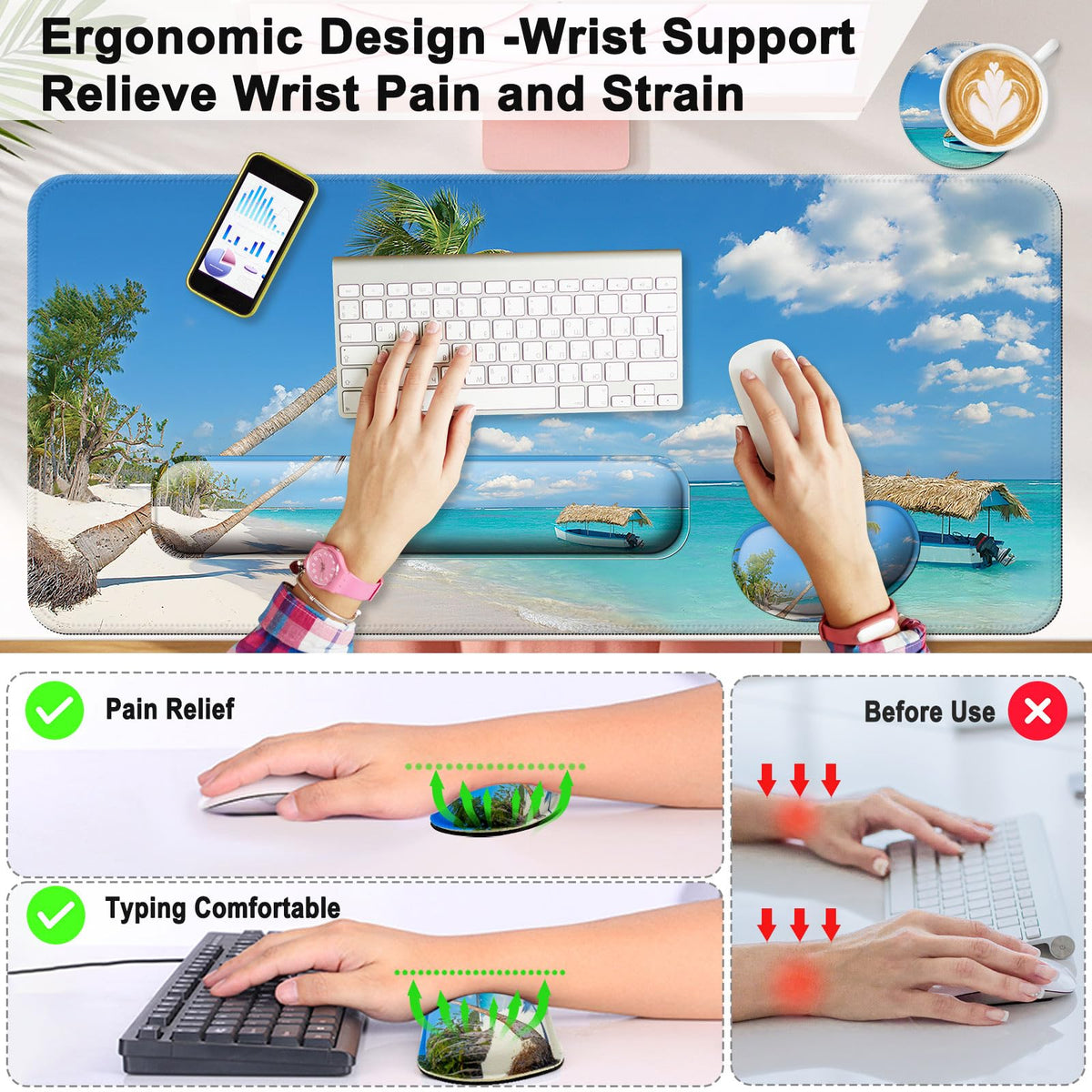 4 in 1 Mouse Pad and Keyboard Wrist Rest (A4-blue Sea)