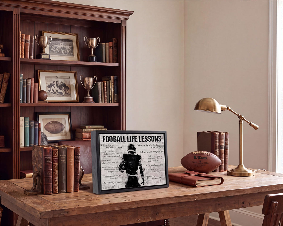Black Framed Football Life Lessons Canvas Wall Art 24x36in (Inspirational football / 36"L x 24"W)