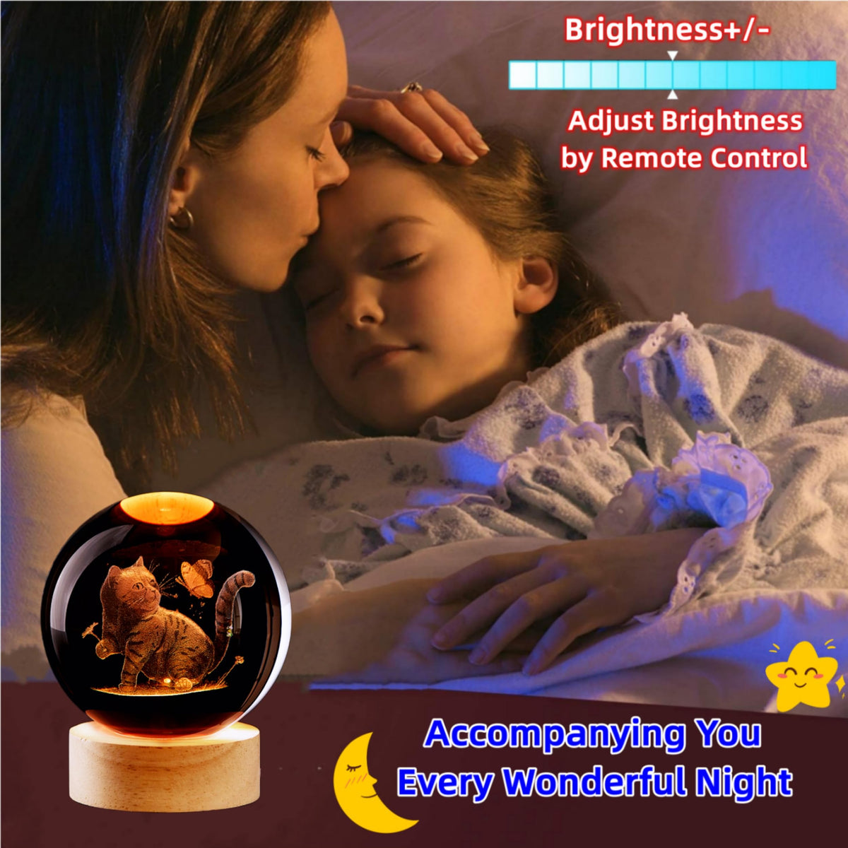 Large Cat Crystal Ball Night Light with Wooden Base (cat)