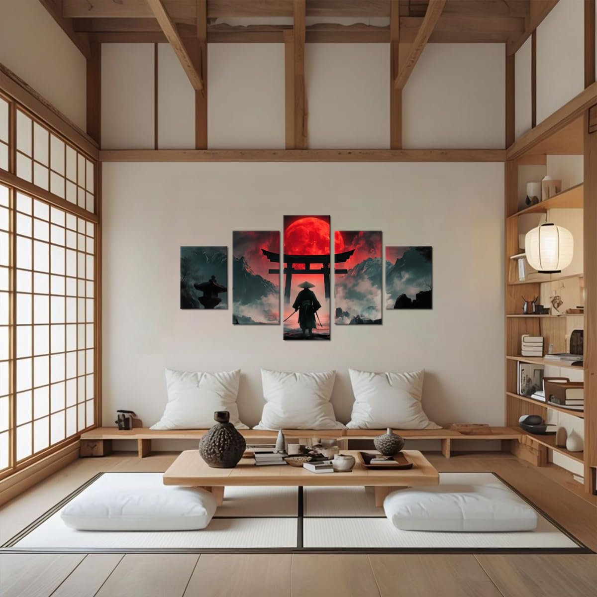 Japan Wall Art Samurai Canvas Artwork Asian Style Pictures Japanese Bushido Posters Prints Paintings Full Moon Ninja Wall Decor for Living Room Bedroom Home Decoration Framed 5 Pcs 60''W x 40''H (60"Wx40"H / Samurai 5P-15)