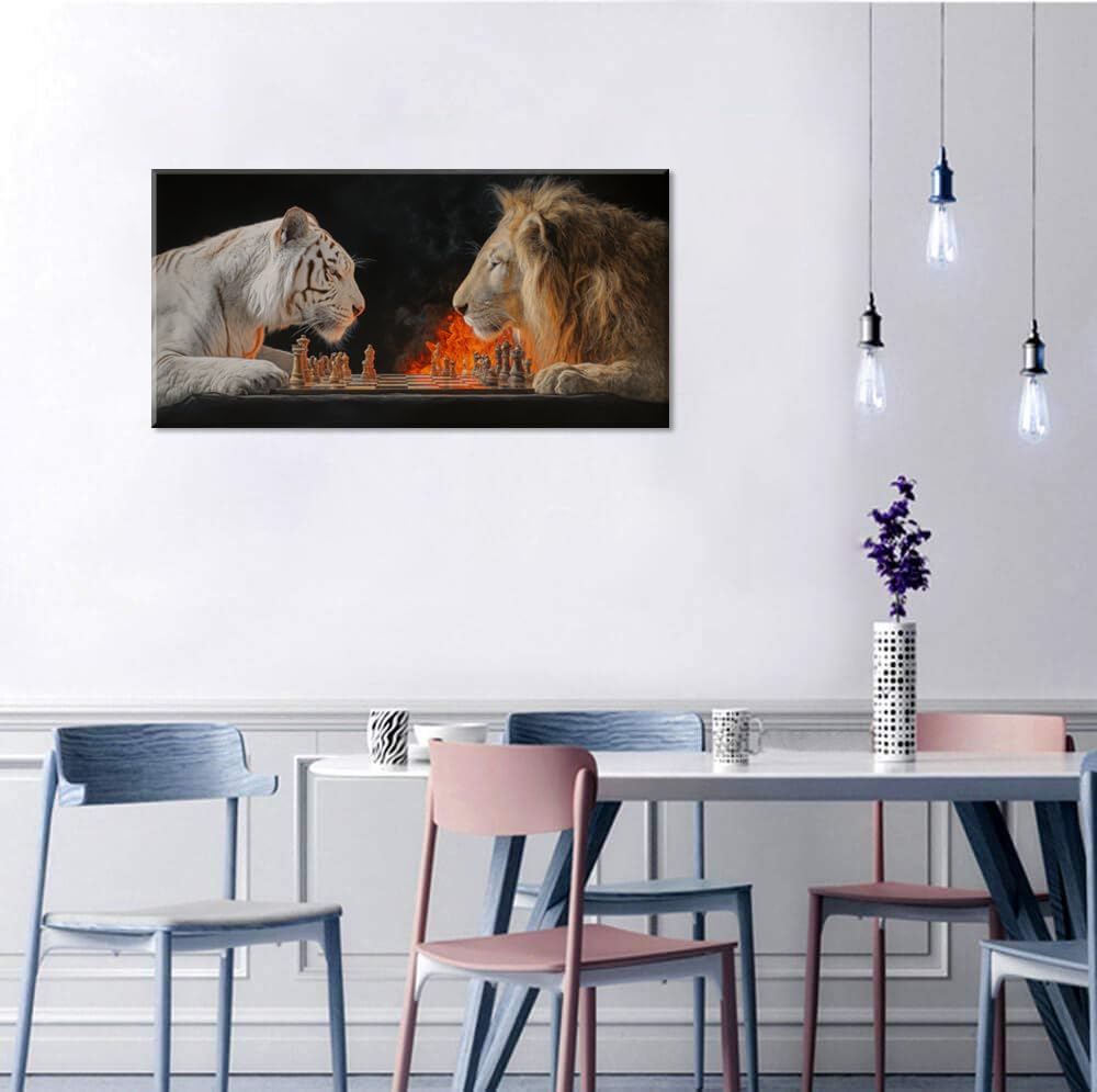 Gold Tiger Lion Chess Wall Art for Living Room Office Realistic Strategic Chess Match Symbolic Painting Prints Wildlife Canvas Artwork Dining Bedroom Decor Large (Abstract / White Gold Tiger Lion Chess Tree Wall Art / 46L" x 23W")
