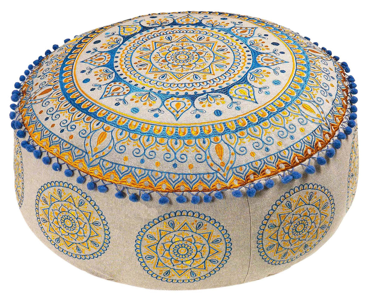 Boho Floor Pillow Cover Round Moroccan Large Pouf Ottoman Room Décor Cushion for Meditation Yoga and Boho Chic Bohemian (Pouf Cover / Golden Blue)