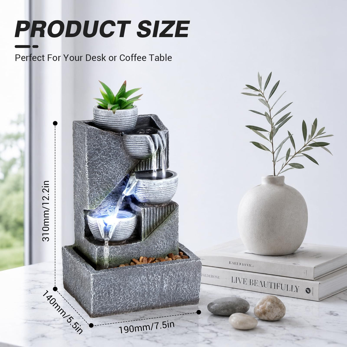Water Fountains Indoor Waterfall Fountain Relaxing Water Feature Indoor Fountain Zen Meditation Tabletop Fountain with LED Light & Artificial Green Plants for Home Office Bedroom Decor (Style 11)