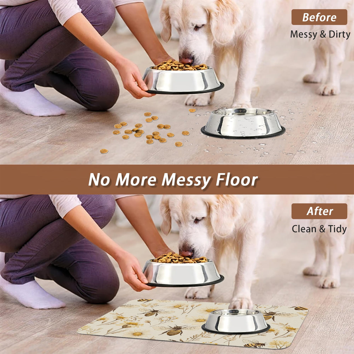 Bees Boho Daisy Floral Dog Food Mat for Floors (16"L x 16"W / Bees Boho Daisy Floral)