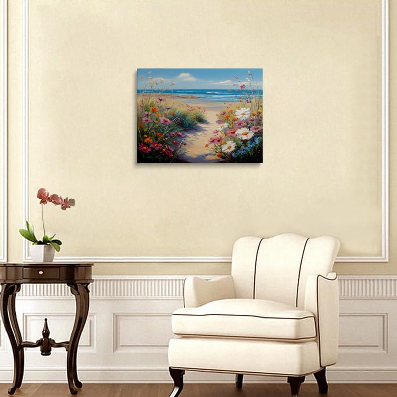 Serene Coastal Path Canvas Wall Art Framed Painting Beach Landscape with Dune Grasses Wildflowers Calm Turquoise Ocean Calming Nature Wall Decor Artwork Print Poster 12x16 Inches (Wildflowers by the sea / 16"L x 12"W)
