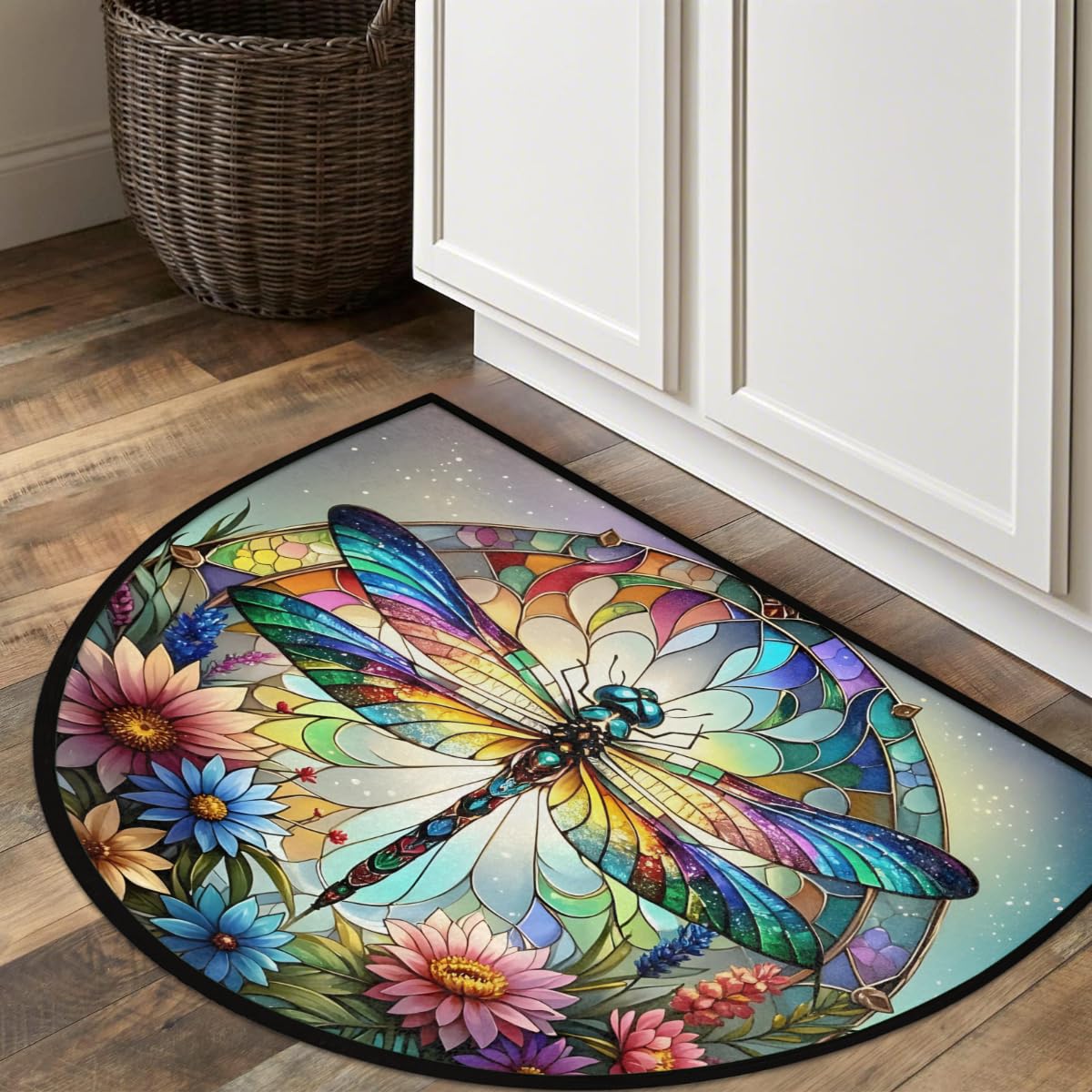 Half Round Door Mat Dragonfly Rainbow Animal Half Moon Rug Flower Glass Washable Half Circle Area Rugs Indoor Entrance Non Slip Semi Circle Bathroom Rugs Floor Carpet for Kithen Bedroom Decor (Color 7)