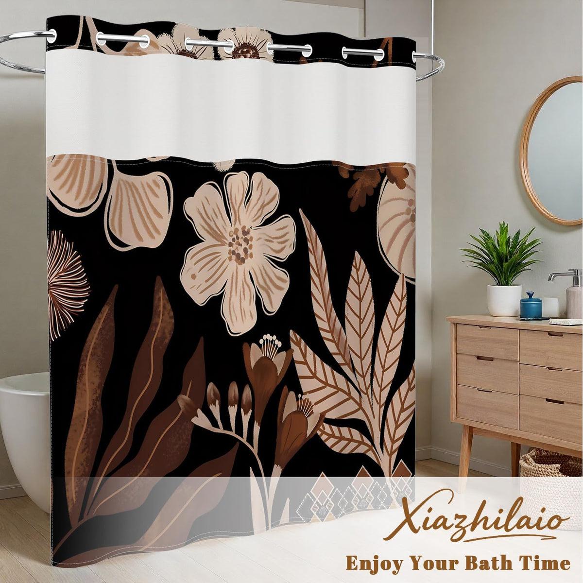 Dark Floral Shower Curtain No Hooks with Liner (Abstract-1)