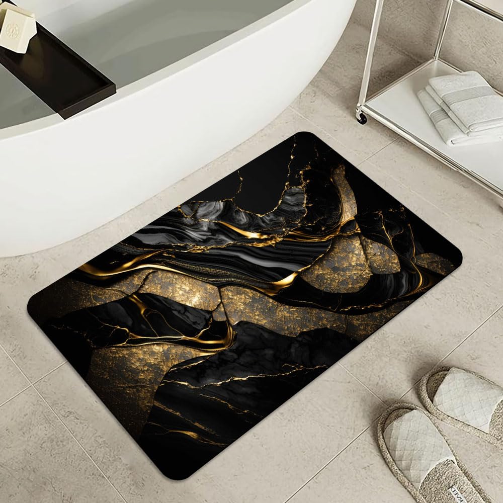 Bath Mat Bathroom Rug (Black and Metallic Gold Marble- / 20 x 31 inches)