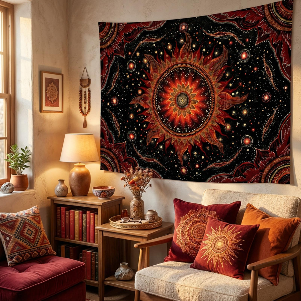 Tapestry Fiery Celestial Sun Mandala Wall Hanging Mystical Red Gold Starry Sky Decor Bohemian Yoga Meditation Backdrop 60"x44" (60"L x 44"W / Dark Red)