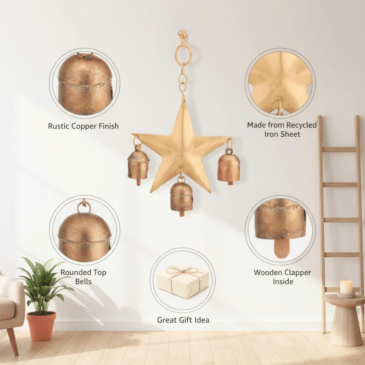 Wind Chime for Outside with 3 Rustic Cow Bells (Golden Star Chime)