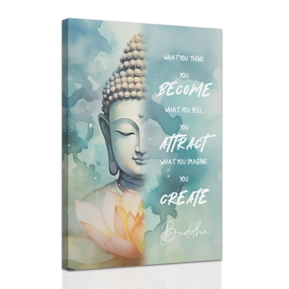 Buddhist Motivational Wall Art Buddha Quotes Canvas Pictures Zen Bathroom Painting Spa Artwork Prints for Yoga Room Office Decor Framed (Blue / 28" x 42")