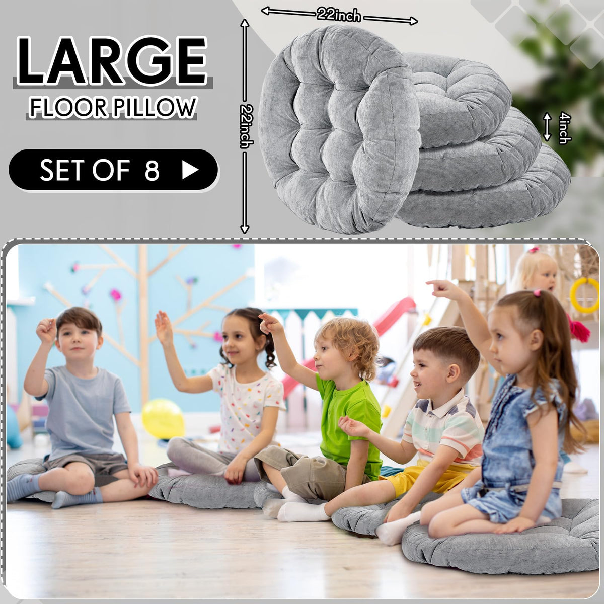 8 Pcs Light Gray Large Floor Pillow Cushion (Round 22 x 22 / Light Gray)