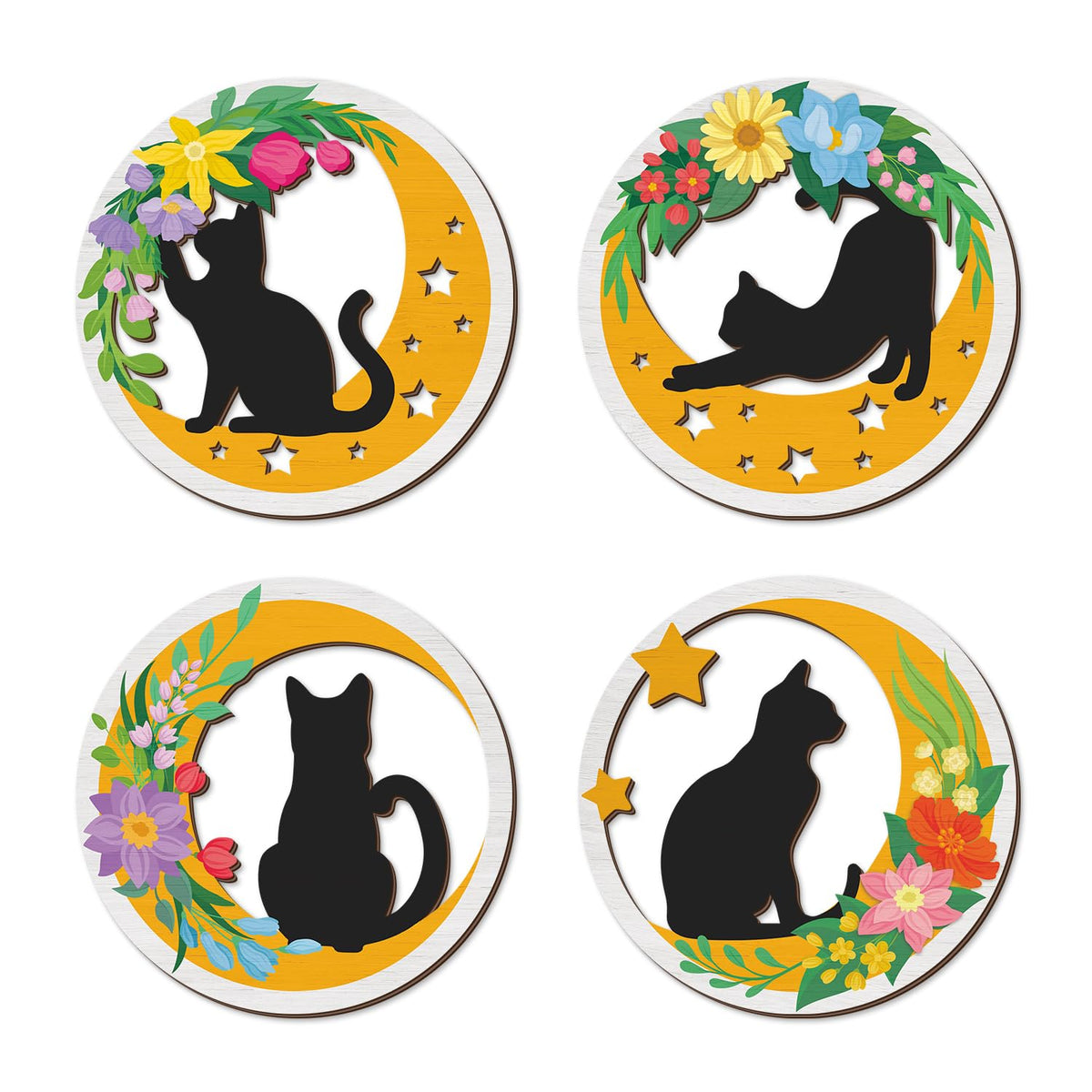 Boho Cat Moon Wall Decor Floral Black Cats Wooden Wall Art (4pcs Boho Cat Moon Wall Decor)
