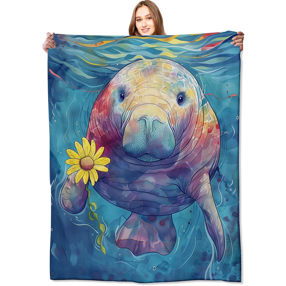 Manatee Blanket Playful Ocean Animal Throw Blankets with Sunflower (60x80in / Manatee)