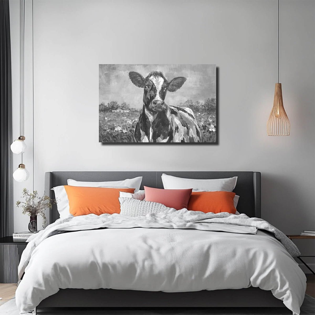 Funny Animal Wall Art Spring Pictures Wall Decor Grey Wall Decoration for Dining Room Living Room Office 24"×36" Ready to Hang (36"L x 24"W / Black & white cows)