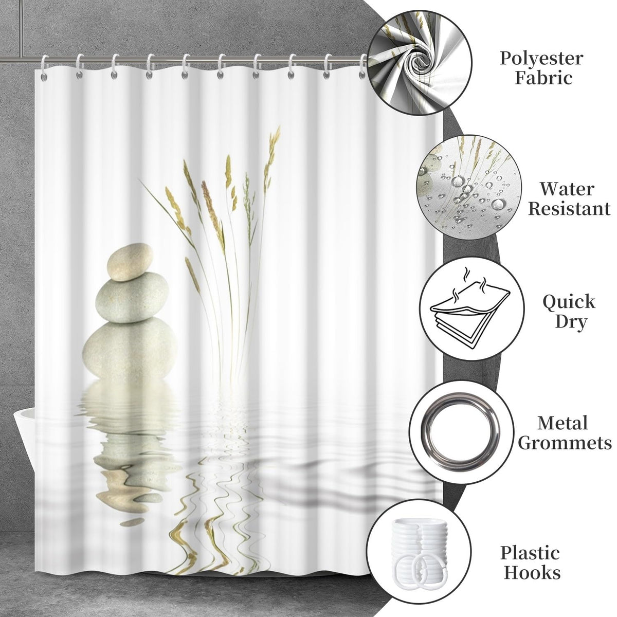 Zen Spa Shower Curtain Zen Stone Wild Grass Reflection in Water Meditation Design Bath Curtain Waterproof Polyester Fabric Bathroom Decor Set with Hooks 72x84inch (72"W x 84"L (Pack of 1) / White)
