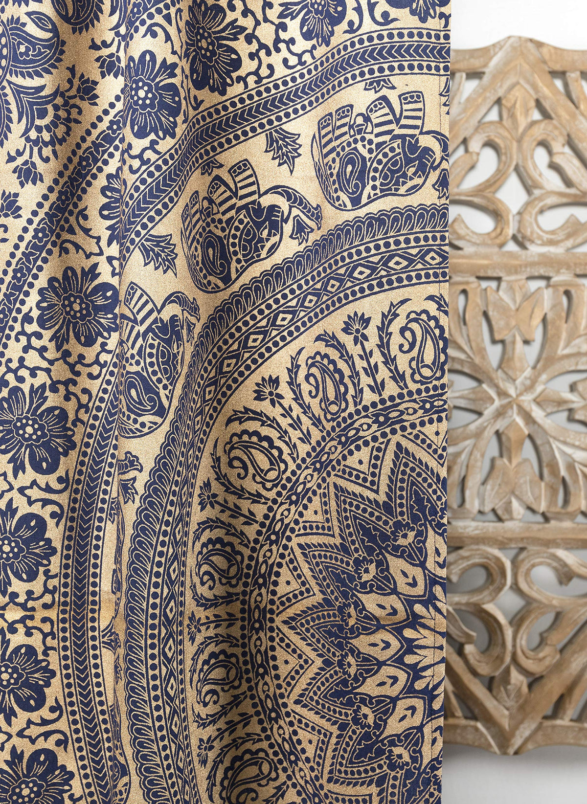 Indian Hippie Bohemian Beautiful Elephant Mandala Curtain Panels Blue and Gold (38"W x 83"L (Pack of 2) / Blue and Gold)