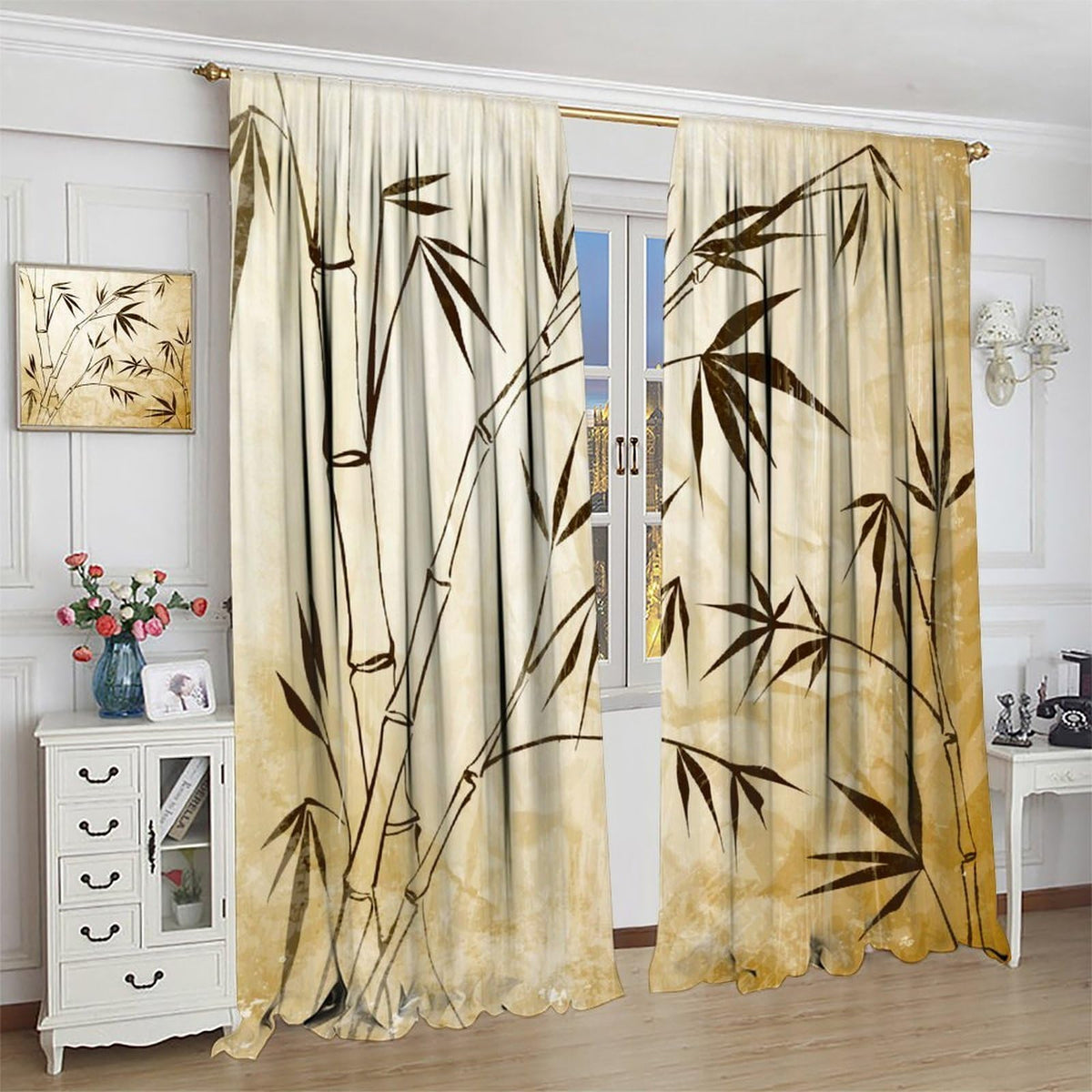 Vintage Bamboo Blackout Curtains for Kitchen Asian Japanese Rural Old Zen Bamboo Plant Landscape Window Treatments Print for Boys Girls Bedroom Living Room 42x63in (21"W x 63"L (Pack of 2) / Zen-14)