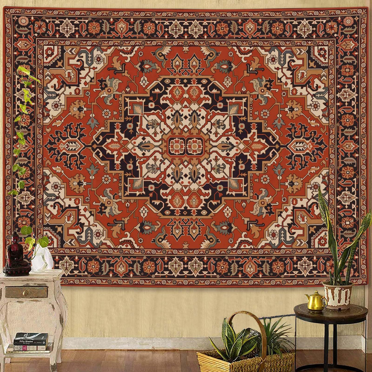 Boho Hippie Tapestry Wall Hanging Indian Bohemian Mandala Tapestry Aesthetic Vintage Floral Red Brown Small Tapestries for Mural Bedroom Living Room Dorm Decor 60 x 44 Inch (Red Brown / 60"L x 44"W)
