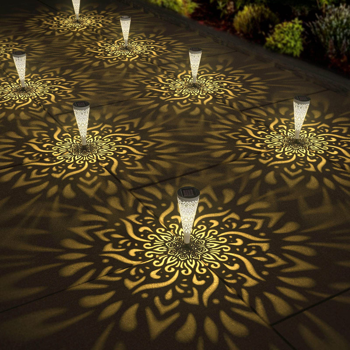 6 Pack Solar Lights Outdoor Garden Decorative Mandala Solar Garden Lights with Warm Light Waterproof Solar Pathway Landscape Light for Path Patio Backyard Walkway Yard Decor (6Pcs / White)