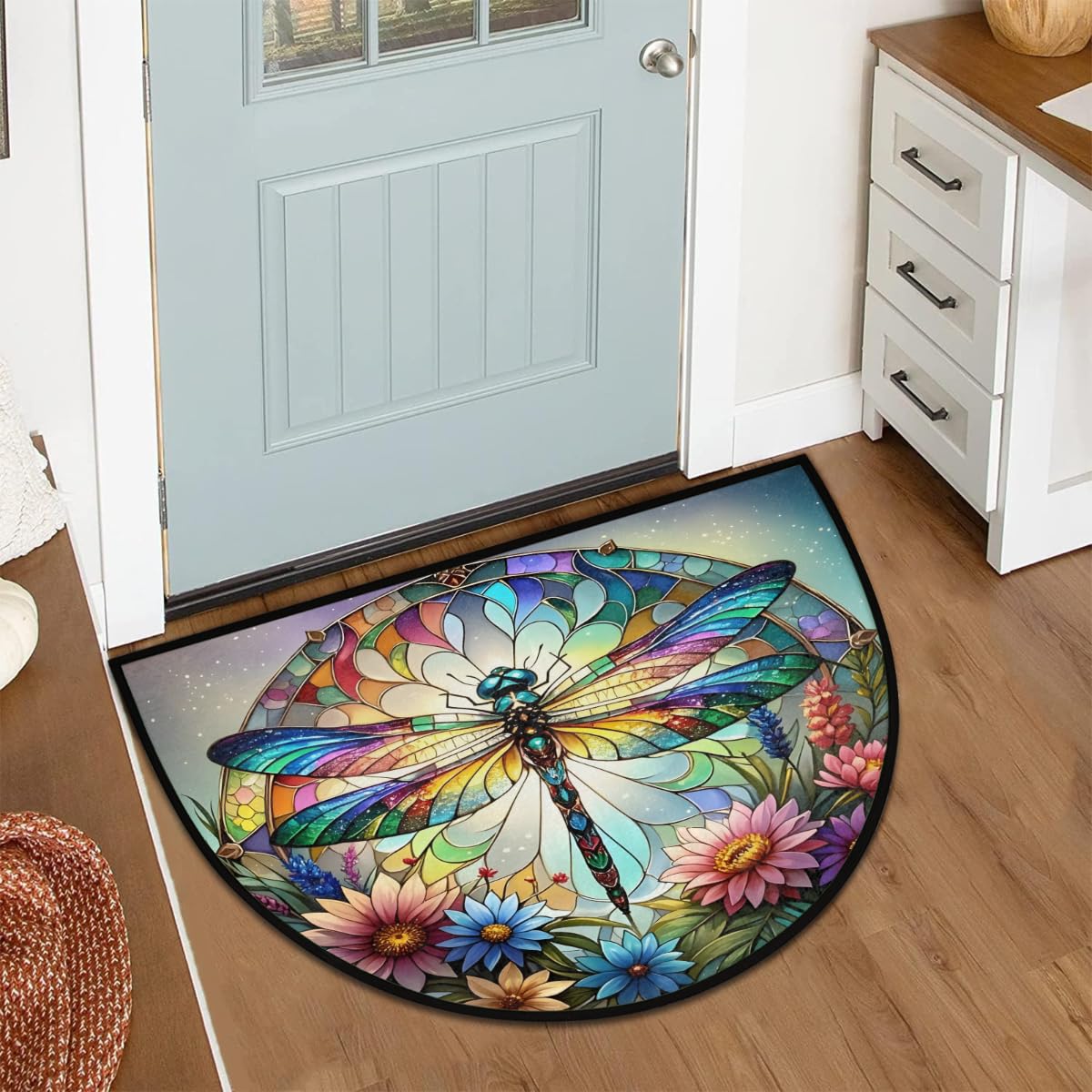 Half Round Door Mat Dragonfly Rainbow Animal Half Moon Rug Flower Glass Washable Half Circle Area Rugs Indoor Entrance Non Slip Semi Circle Bathroom Rugs Floor Carpet for Kithen Bedroom Decor (Color 7)