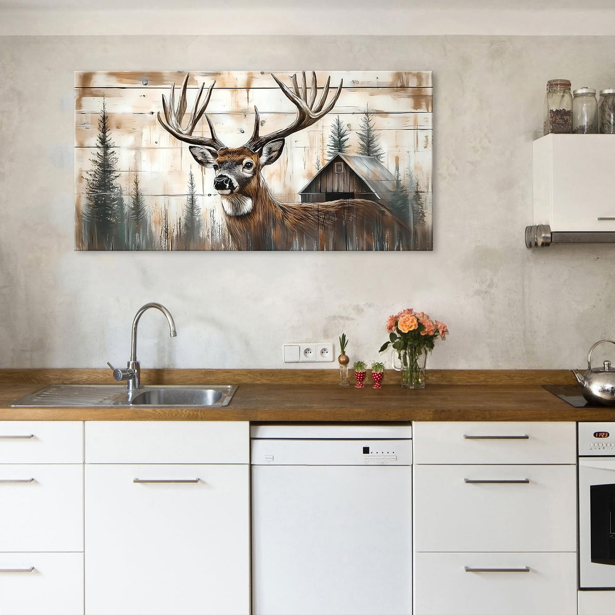 Farmhouse Deer Canvas Wall Art Rustic Deer Wall Decor Barn Picture for Kitchen Dining Room Home Decorations Wildlife Painting Vintage Tree Forest Poster Prints Woodland Animal Prints Artwork 24x48” (48"L x 24"W / DEER)