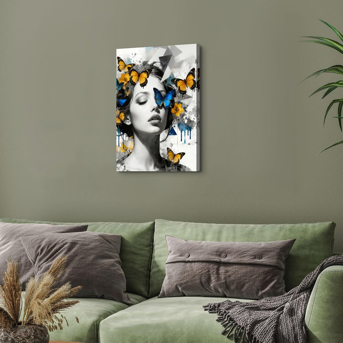 Women Portrait Wall Art Blue Yellow Butterfly Paintings Picture Abstract Black and White Women Wall Decor Aesthetic Minimalist Canvas Prints Artwork for Bedroom Bathroom Spa Home Decorations 16x24" (24"L x 16"W / Women)