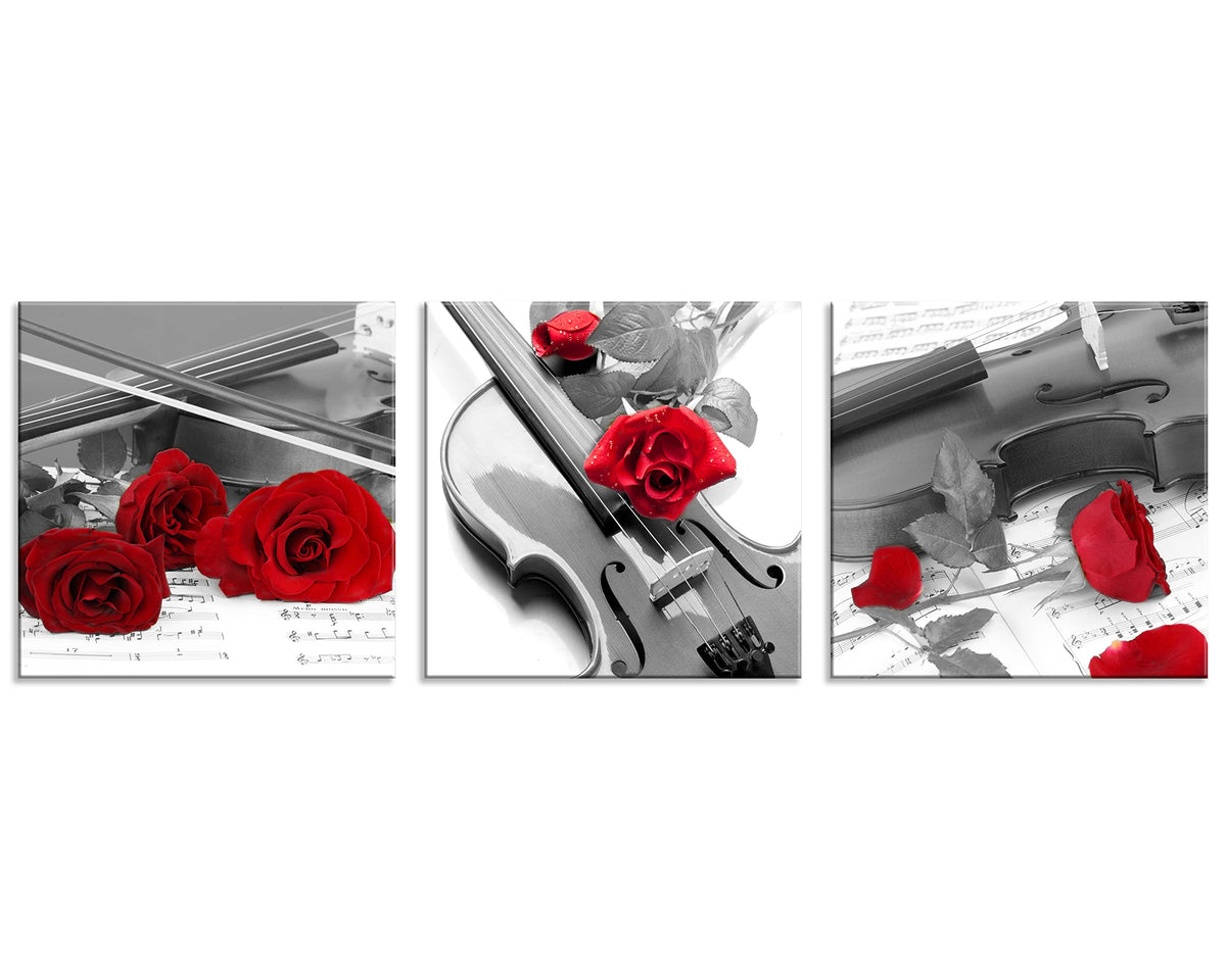 Canvas Print 3 Pcs Black and White Red Rose Canvas Art Painting Abstract Wall Art Decorations Flower Picture on Canvas for Home Decor Stretched and Framed (20 x 20 inches (3-Piece Set) / Violin and Rose)