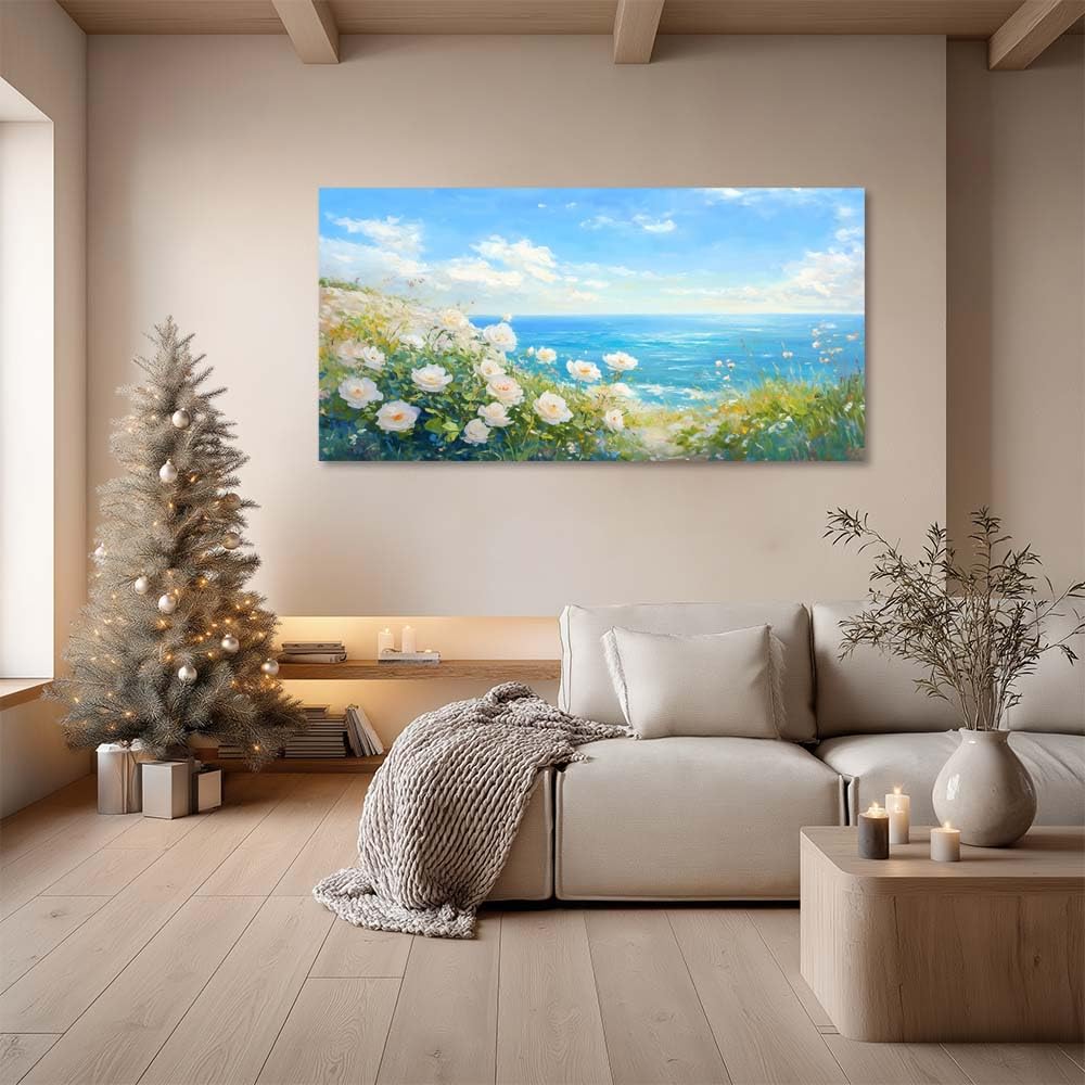 White Roses Floral Beach Canvas Wall Art Coastal Ocean View Painting Flat Print Gallery Wrapped Spring Seascape Artwork for Living Room Bedroom Bathroom Decor (Coastal / White White Roses Sea 7 / 58"L x 28"W)
