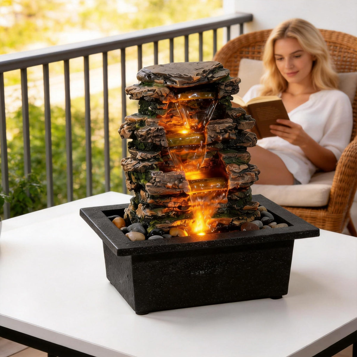 Tabletop Waterfall Fountain with LED Light (Gray)