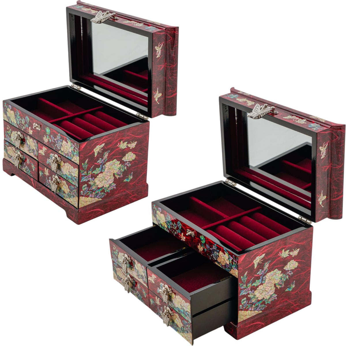 Mother of Pearl Wooden Jewelry Organizer Box (Peony_Red)