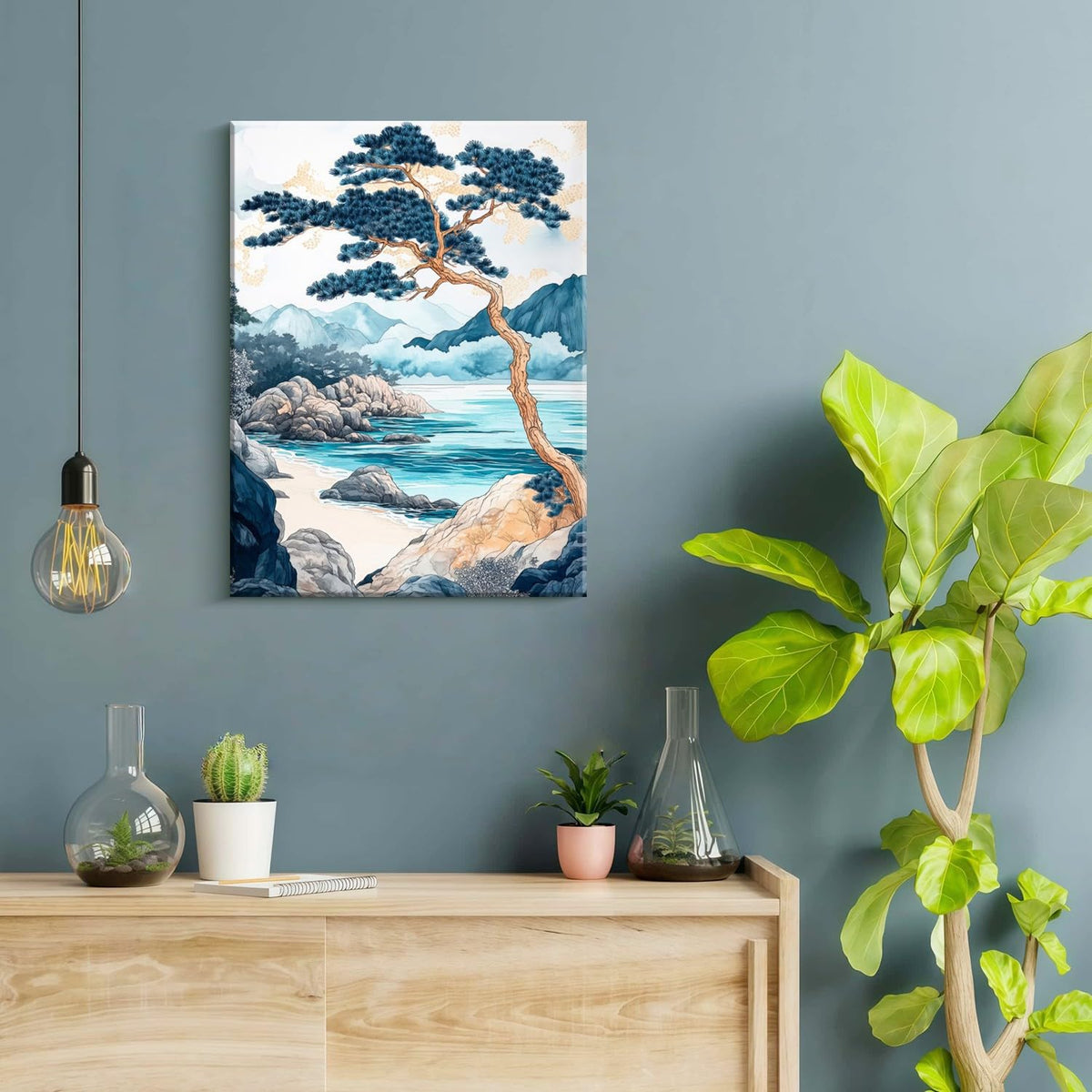 Japanese Coast Pine Trees Wall Art Mountains Poster 12x16 Inch (Blue Pine Trees / 16"L x 12"W)