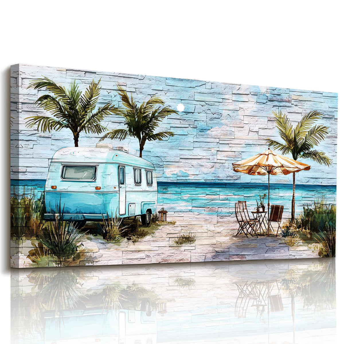 Blue Coastal Wall Art Extra Large Watercolor Print Beach Decor (Beach Journey / 57"L x 29"W)