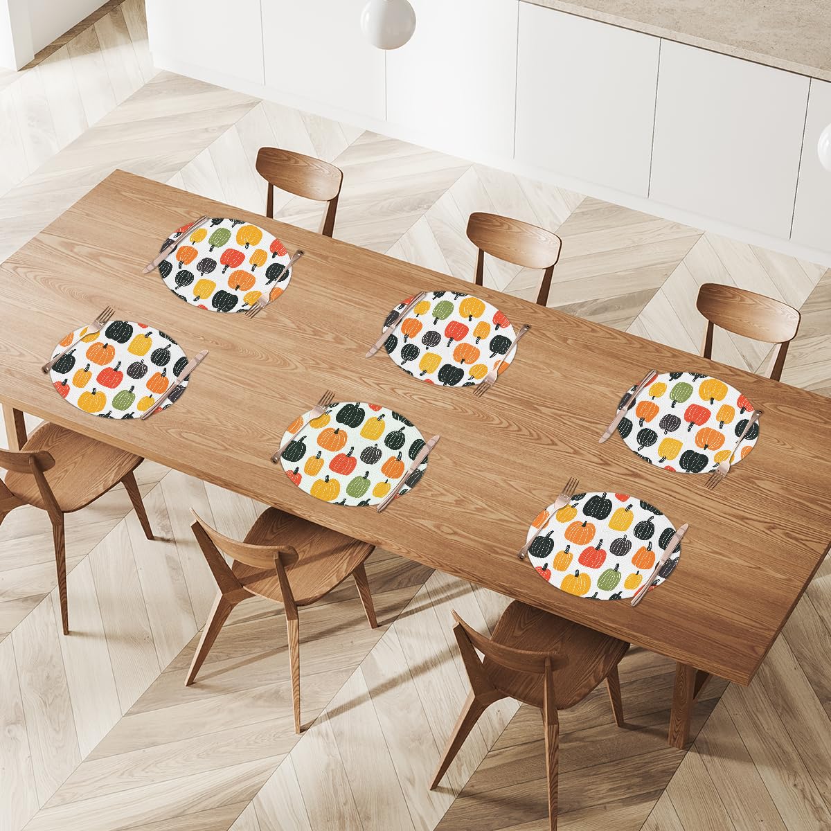 Thanksgiving Cartoon Pumpkin Round Placemats Set of 6 Woven 15 Inch (B 005 / 6 pieces)