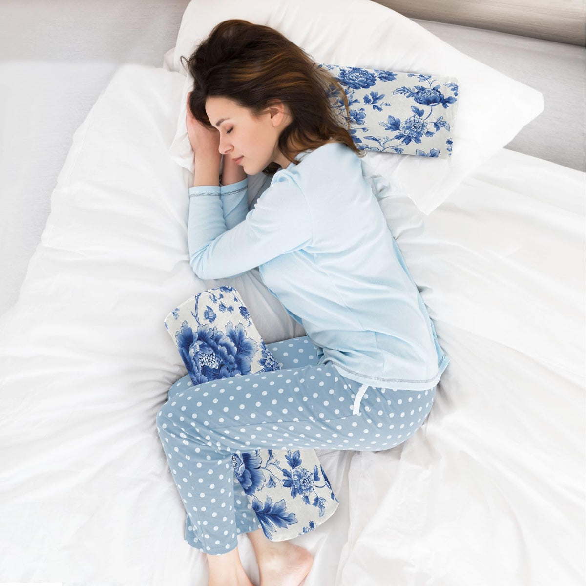 Blue and White Peony Flowers Butterfly Neck Roll Pillow Bolster Round Health Memory Foam Long Cervical Cylinder Pillows with Removable Washable Cover for Body Bed Legs Back Yoga (Blue and White Peony Flowers Leaf)