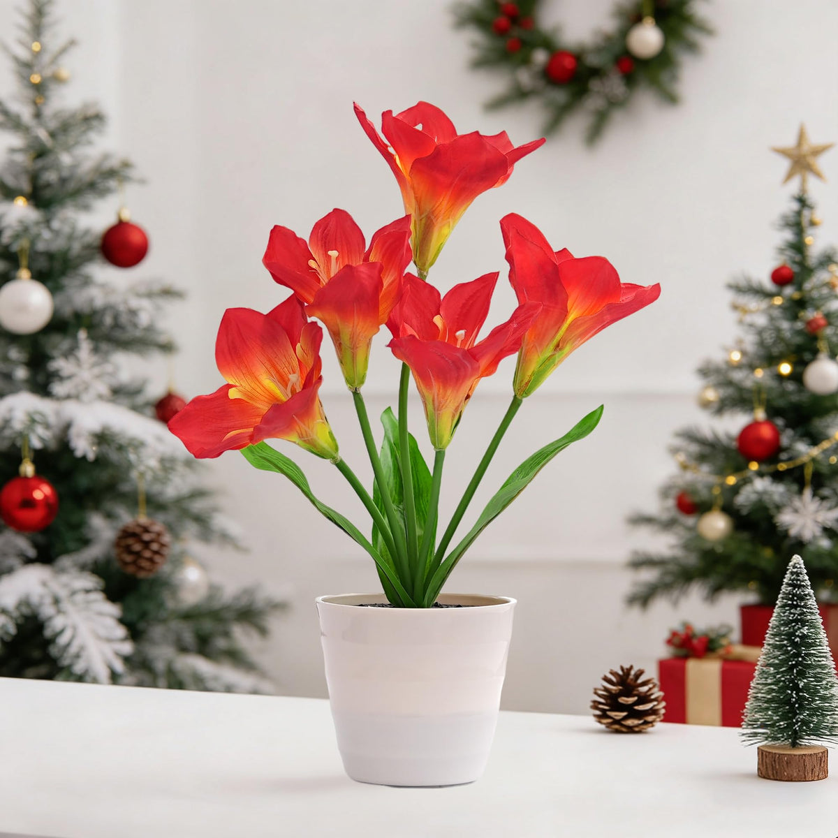 Artificial Red Amaryllis Flower Lamp Night Light for Bedroom Bar Coffee Shop Wedding Decor (Lily-Red)
