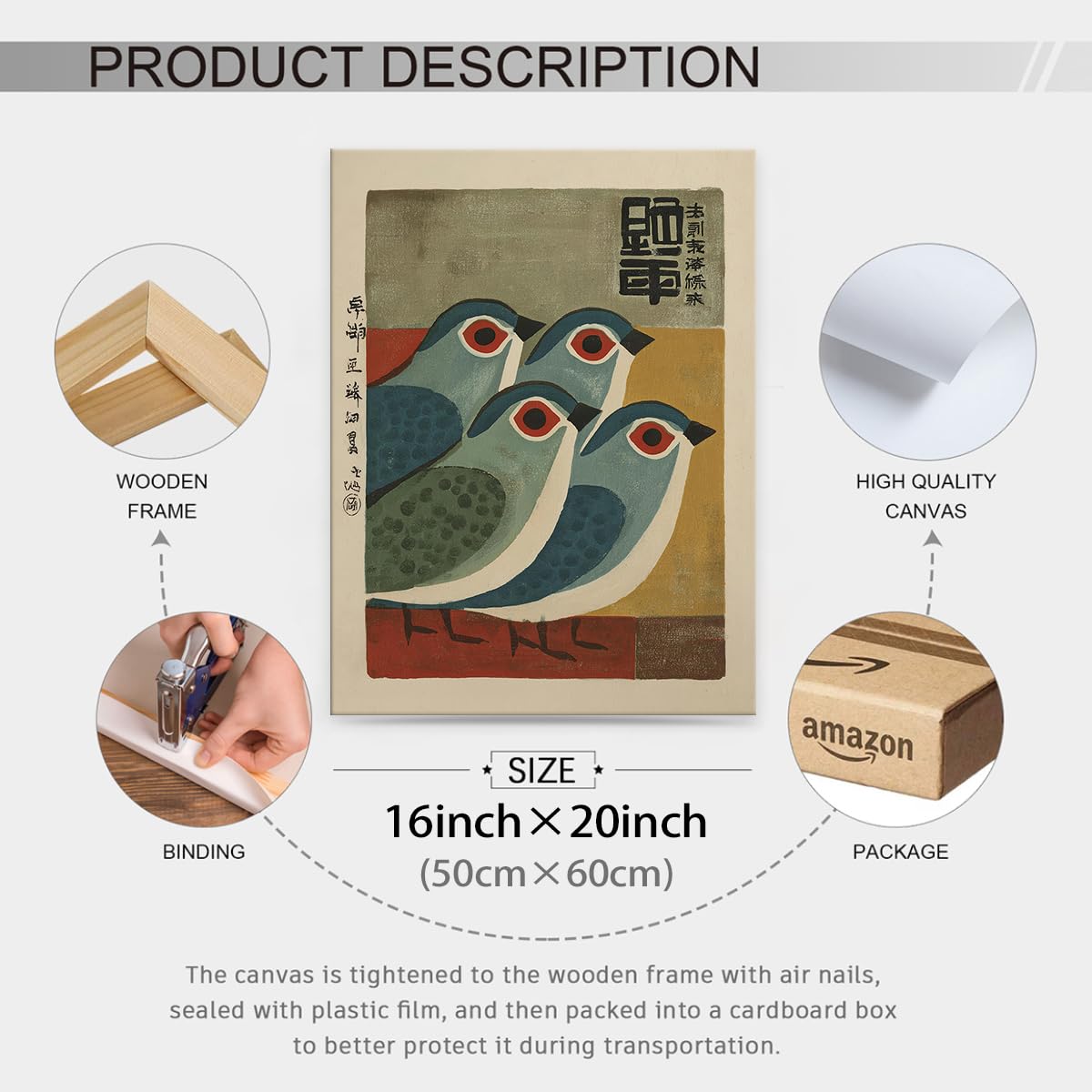 Japanese Mid Century Blue Bird Framed Posters Prints Vintage Animal Wall Art 16x20 inch Minimalist Bird Painting Rustic Artwork for Asian Lndie Room Bedroom Living Room Decor Ready to hang (Wrapped Canvas / Japanese Picture / 20"L x 16"W)