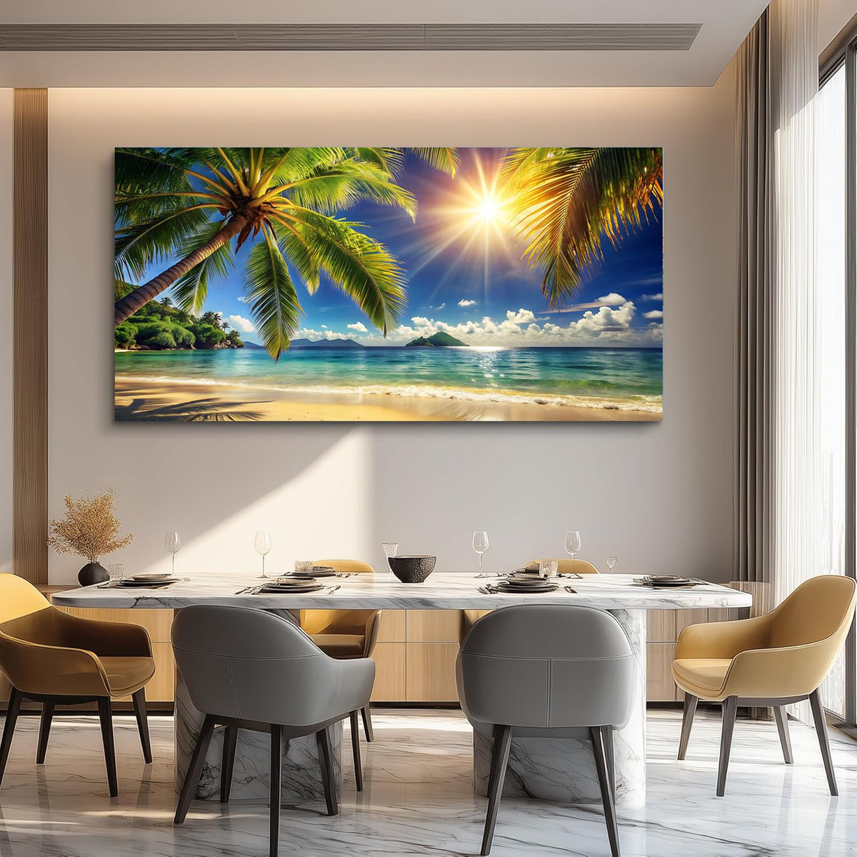 Large Pictures for Living Room Coastal Painting Tropical Sunrise Bearoom Wall Art Beach Poster Ocean Room Decor Palm Tree Canvas Print Summer Sunlight Artwork Framed Office Decor Home (AbePal / 60"L x 30"W)