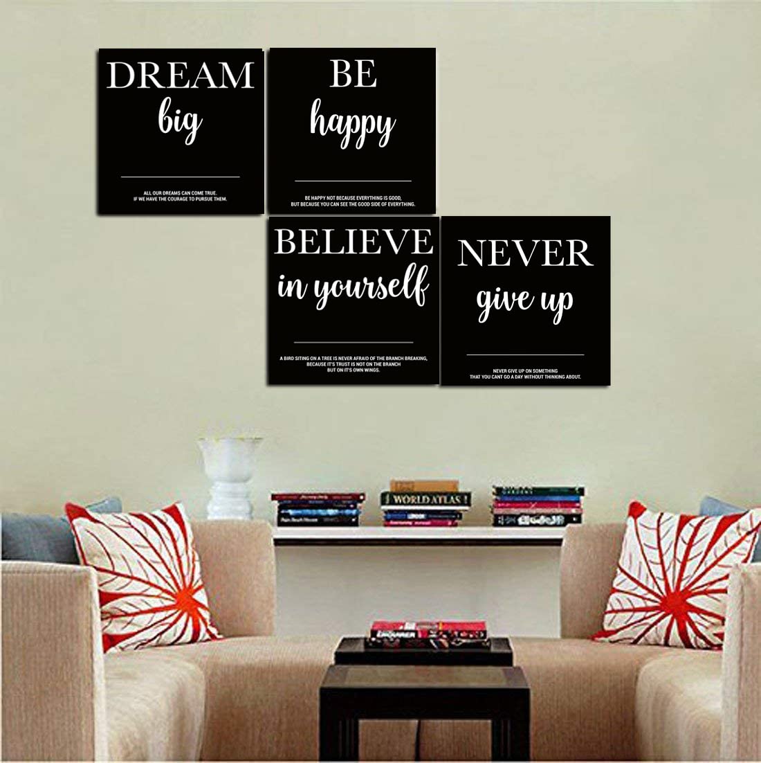 Motivational Quotes Never Give Up Canvas Wall Art 12x12 Set of 4 Framed (12 inch x 12 inch x 4 panels / Dream-4pcs)