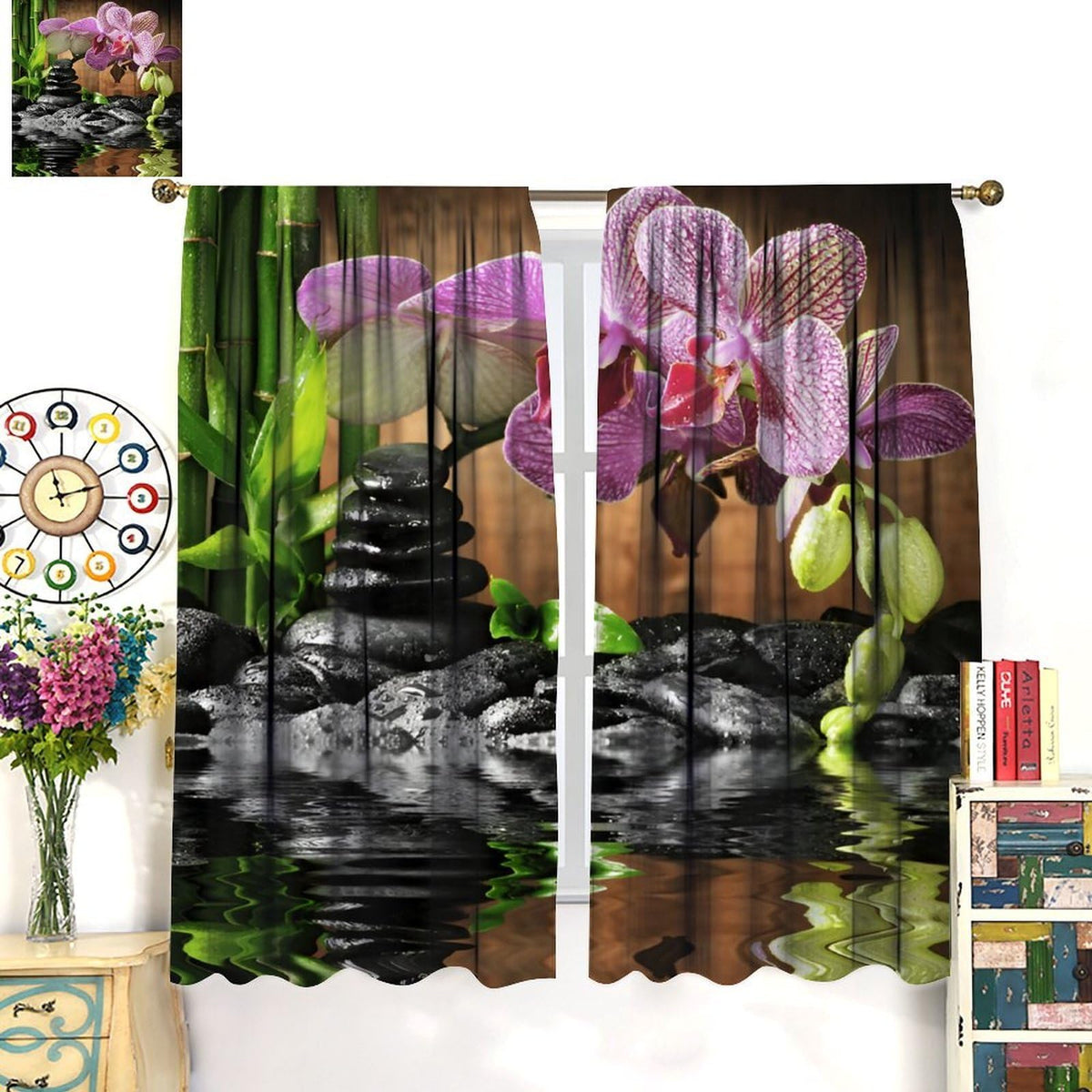 Zen Garden Blackout Curtains for Kitchen Spa Green Bamboo Black Stone White Flower Window Treatments Print for Boys Girls Bedroom Living Room Bathroom 42x63in (21"W x 63"L (Pack of 2) / Zen-16)