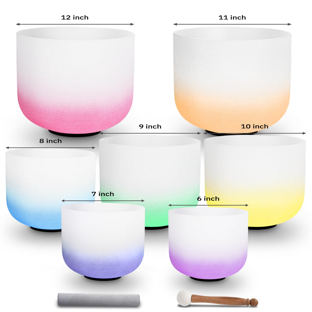 Chakra Tuned 432hz Set of 7 Gradient Color Quartz Crystal Singing Bowls 6 (Set of 7, 6-12 inches / Gradient 7 Color)