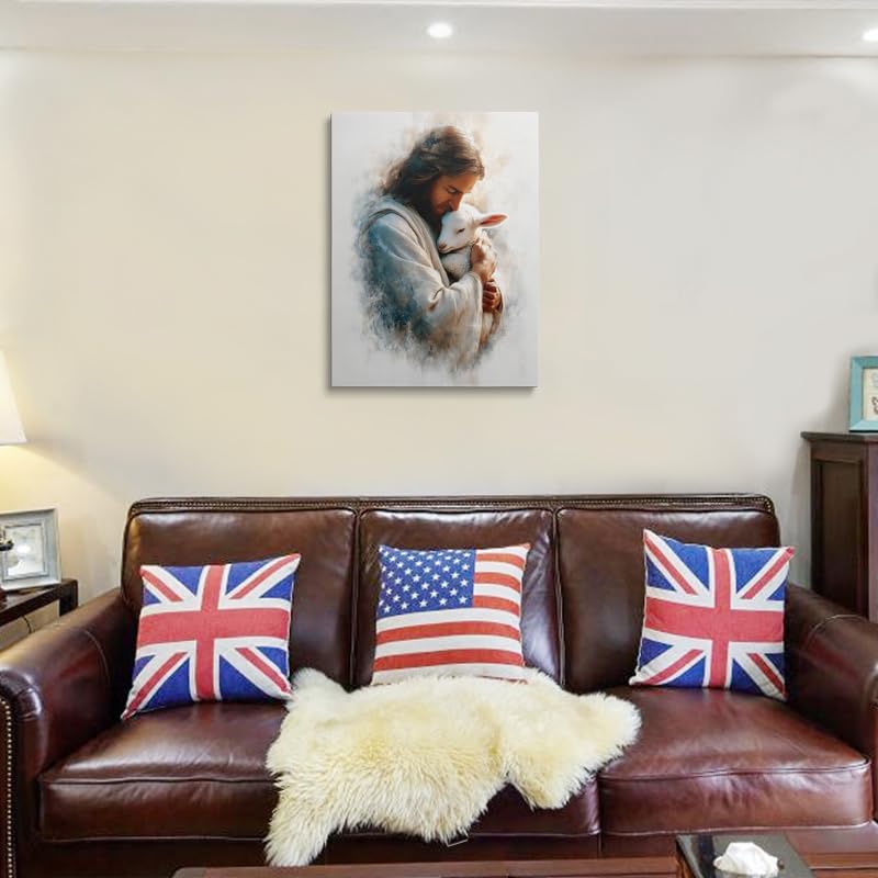 Good Shepherd Jesus Wall Art Canvas Framed Painting with Lamb Gentle Embrace in Soft Blue Cream Earth Tones Serene Christian Religious Wall Decor Artwork for Home Bedroom Church 12x16 Inches (Jesus with the lamb / 16"L x 12"W)