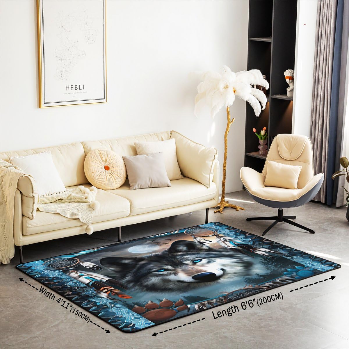 Western Wolf Large Area Rug 5x7 Bohemian Dream Catchers Living Room Rug (Grey Blue / 4'11" x 6'6" (Rectangular))