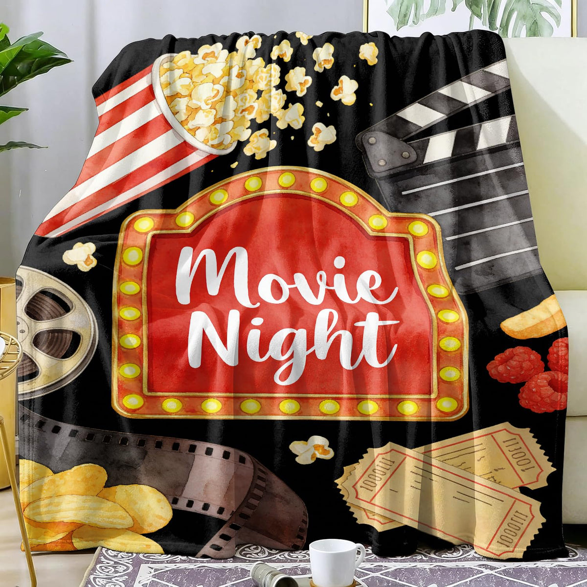 Movie Night Fleece Blanket Popcorn Cinema Blanket Gifts Room Decor 30"x40" (Movie Night / 30"X40")