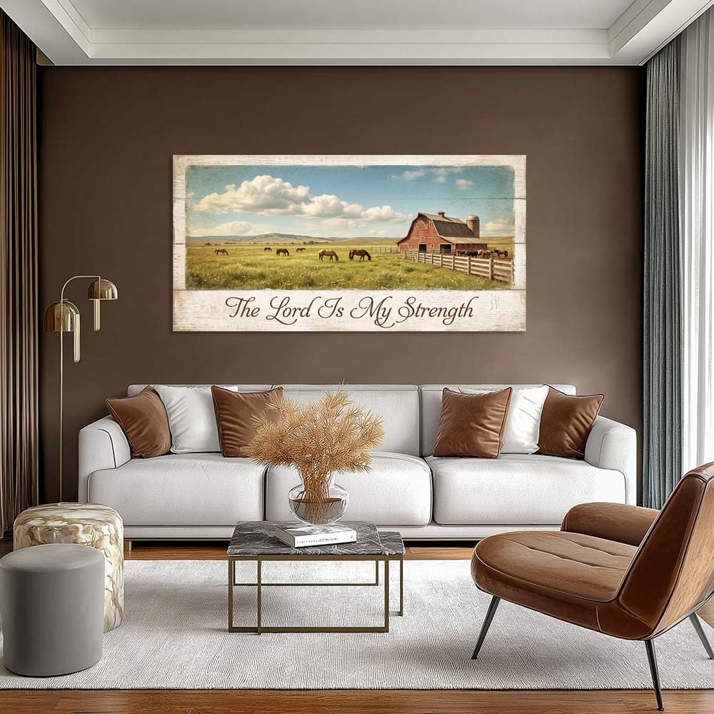 Rustic Countryside Horse Pasture Canvas Wall Art Red Barn Landscape Painting The Lord Is My Strength Christian Print Gallery Wrapped Farmhouse Nature Artwork for Living Room Bedroom Bathroom Decor (Abstract / White Barn Pasture 21 / 58"L x 28"W)