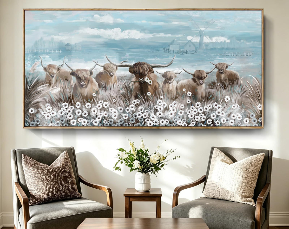 Extra Large Framed Wall Art for Living Room Big Boho Farmhouse Highland Cow Canvas Artwork Flower and Animal Picture Rustic Coastal Blue and Brown Decor for Office Bedroom Kitchen (Highland Cow Wall Art / 58"L x 29"W)