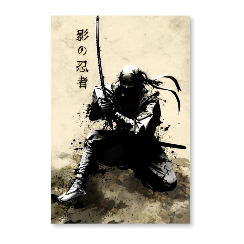 Japanese Samurai Shadow Canvas Painting Wall Art Japanese Style Posters And Prints Retro Pictures Living Room Bedroom Decor Framed 8"X12" (12"L x 8"W / Frame-4)