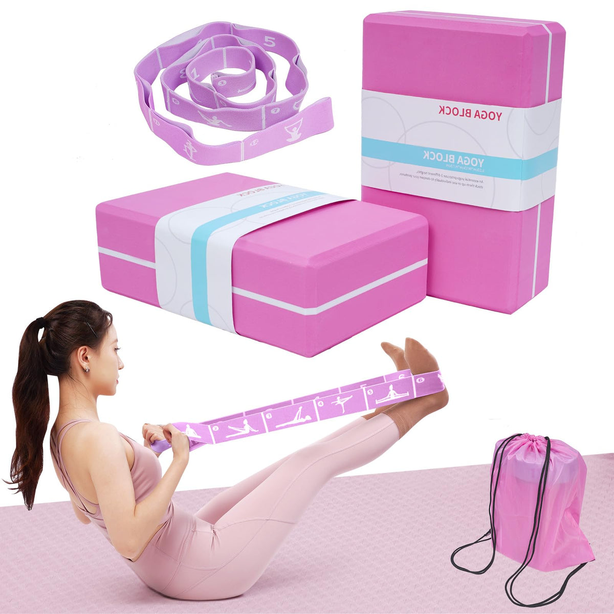 Yoga Blocks Set of 2 with 12 Loop Stretch Band and Carry Bag (Pink+Purple)