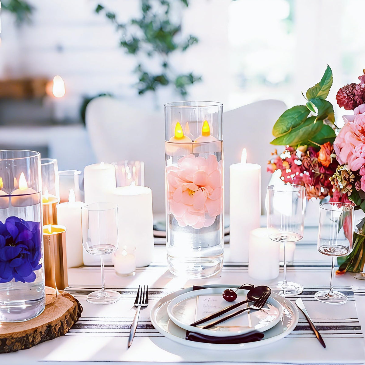 24 Pack Flameless Floating Candles for Centerpieces with Floating Flower (Pink)