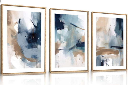 Large Abstract Navy Blue Framed Canvas Wall Art (Modern Blue and Brown Wall Art / 36"L x 24"W)